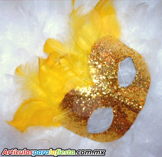 ANTIFAZ AMARILLO CON BRILLATINA Y FLUMA