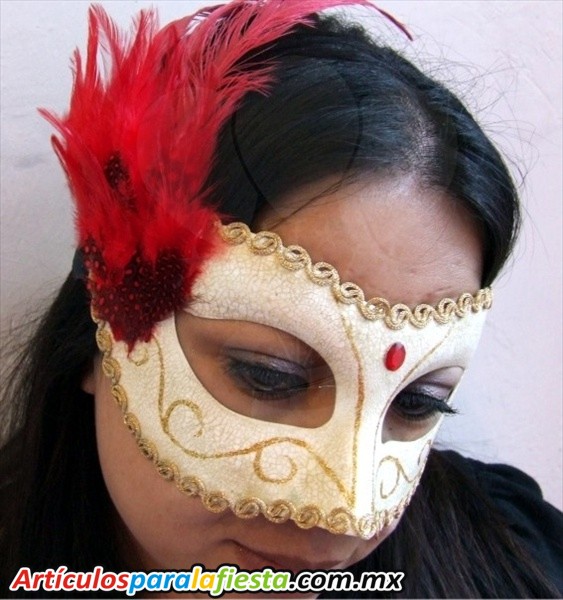 ANTIFAZ BEIGE CON PLUMAS ROJAS