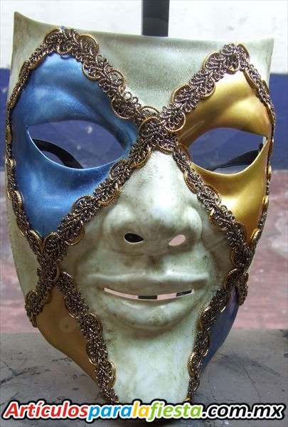 MASCARA DE ARLEQUIN AZUL, ORO Y BLANCO