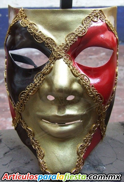 MASCARA DE ARLEQUIN NEGRO, ROJO Y ORO