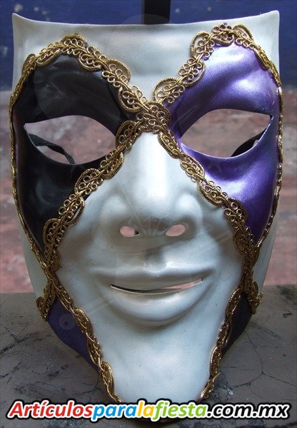 MASCARA DE ARLEQUIN NEGRO, MORADO Y BLANCO