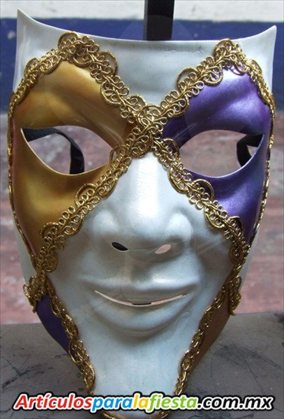 MASCARA DE ARLEQUINORO, BLANCO Y AZUL