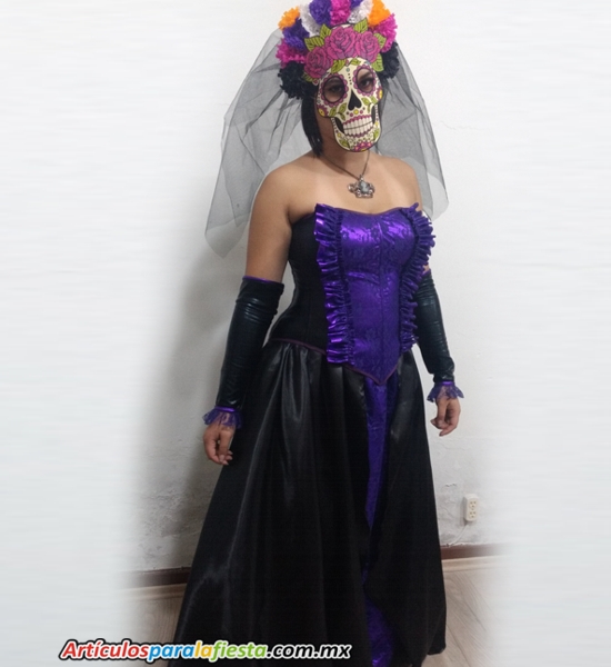 Disfraz de La Catrina Morada para Día de Muertoscon Grecas