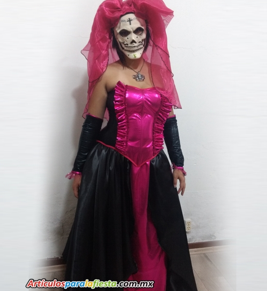 Disfraz de La Catrina negro con rojo para Día de Muertoscon Grecas